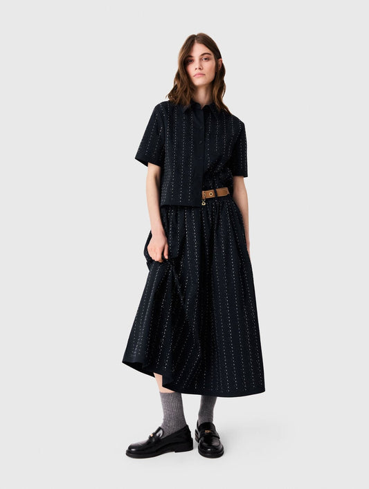 Long rhinestone cotton skirt Navy