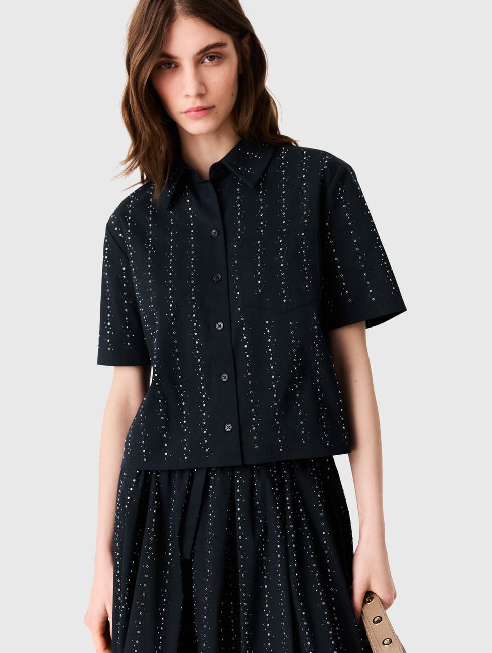 Cropped rhinestone cotton shirt Navy