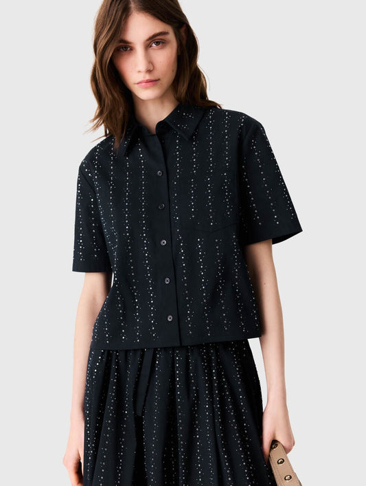 Cropped rhinestone cotton shirt Navy