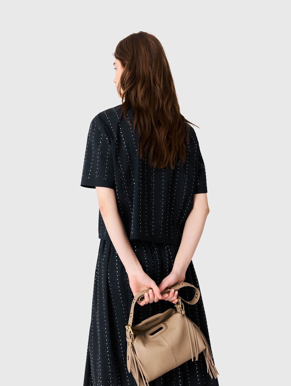 Cropped rhinestone cotton shirt Navy