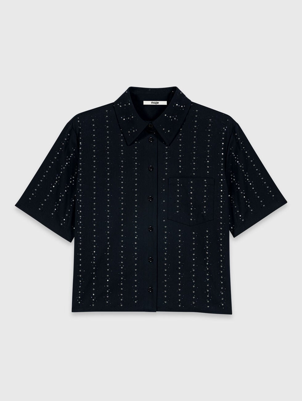 Cropped rhinestone cotton shirt Navy
