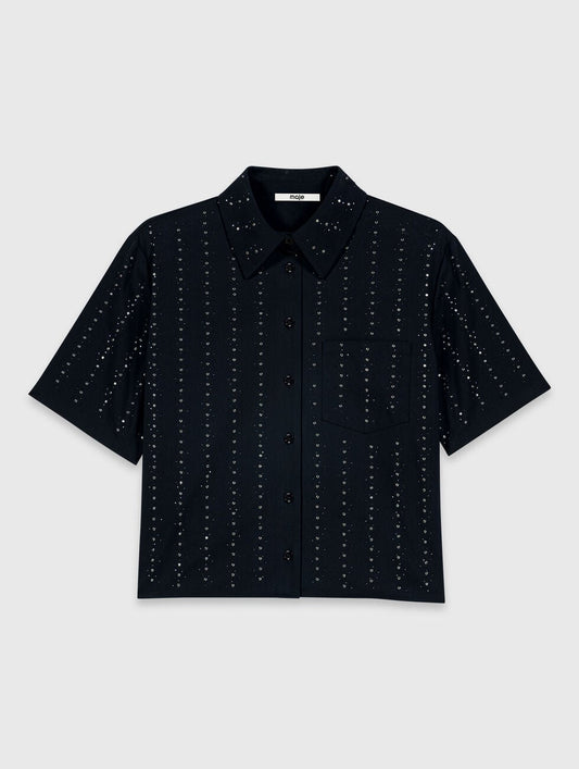 Cropped rhinestone cotton shirt Navy