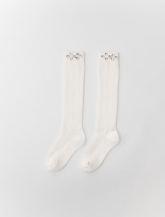 Ecru-featured-long socks with rhinestone