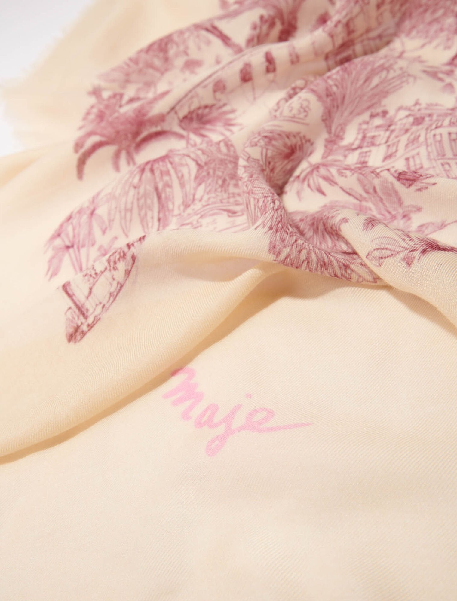 Pink toile de jouy-Patterned cashmere blend scarf