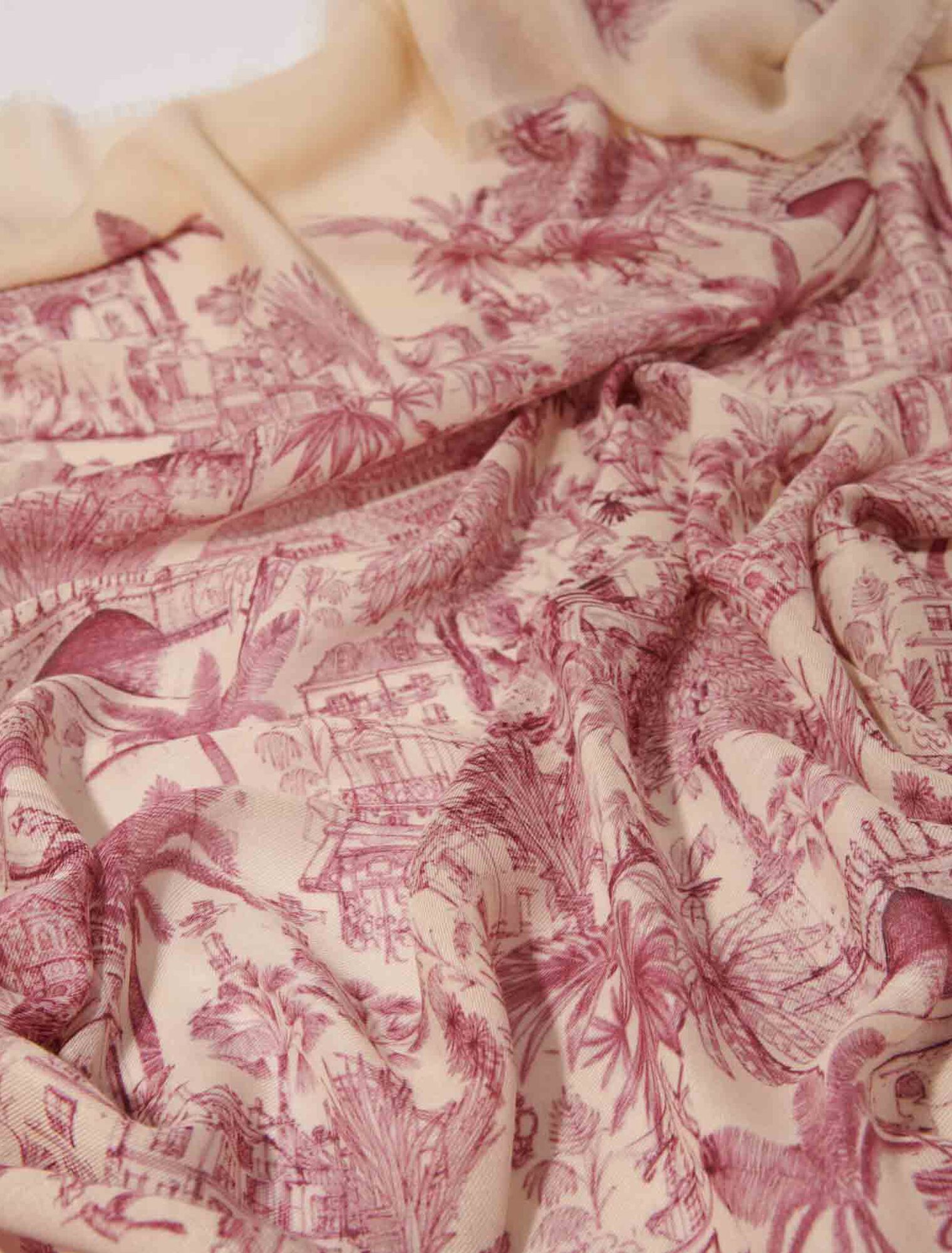 Pink toile de jouy-Patterned cashmere blend scarf