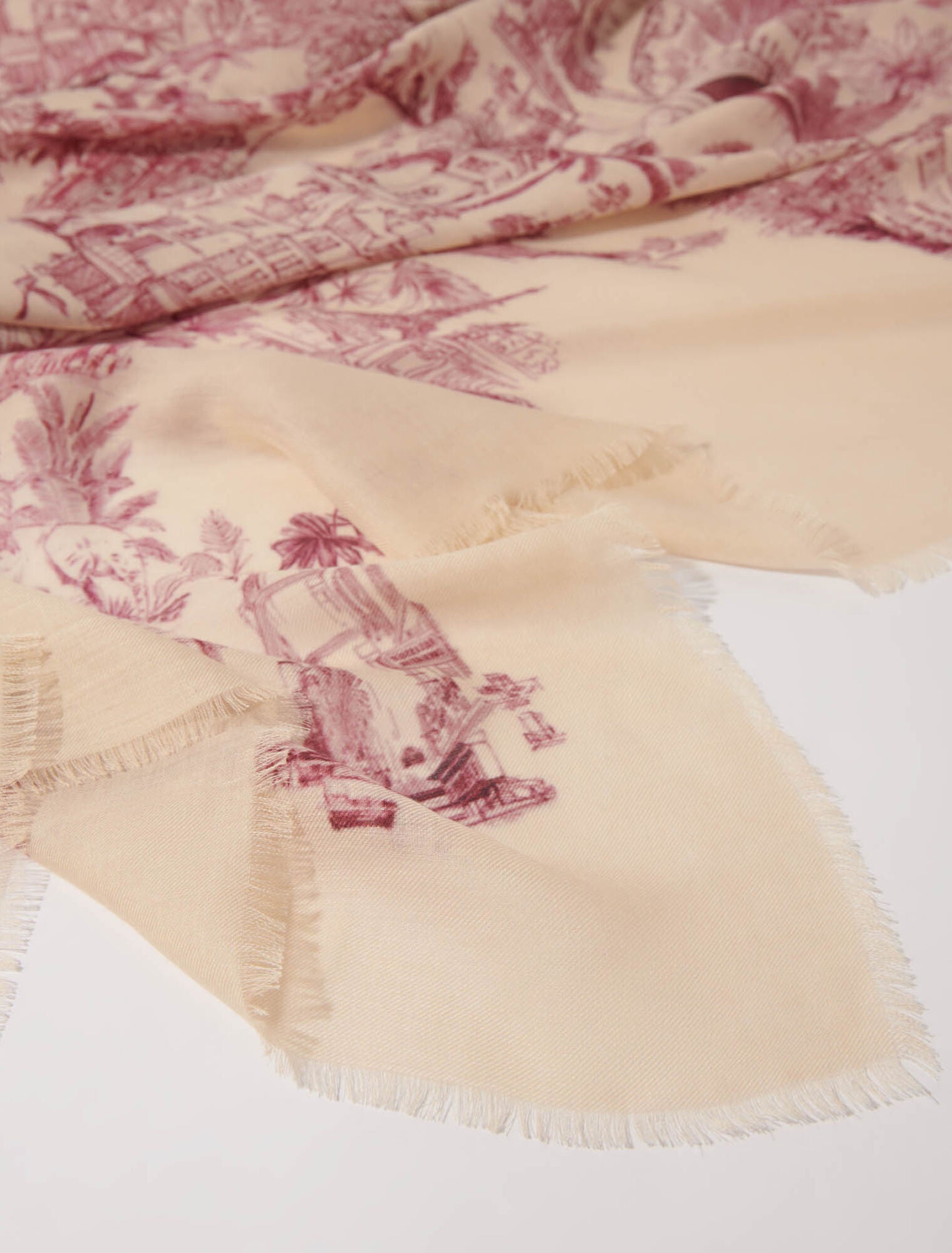 Pink toile de jouy-Patterned cashmere blend scarf