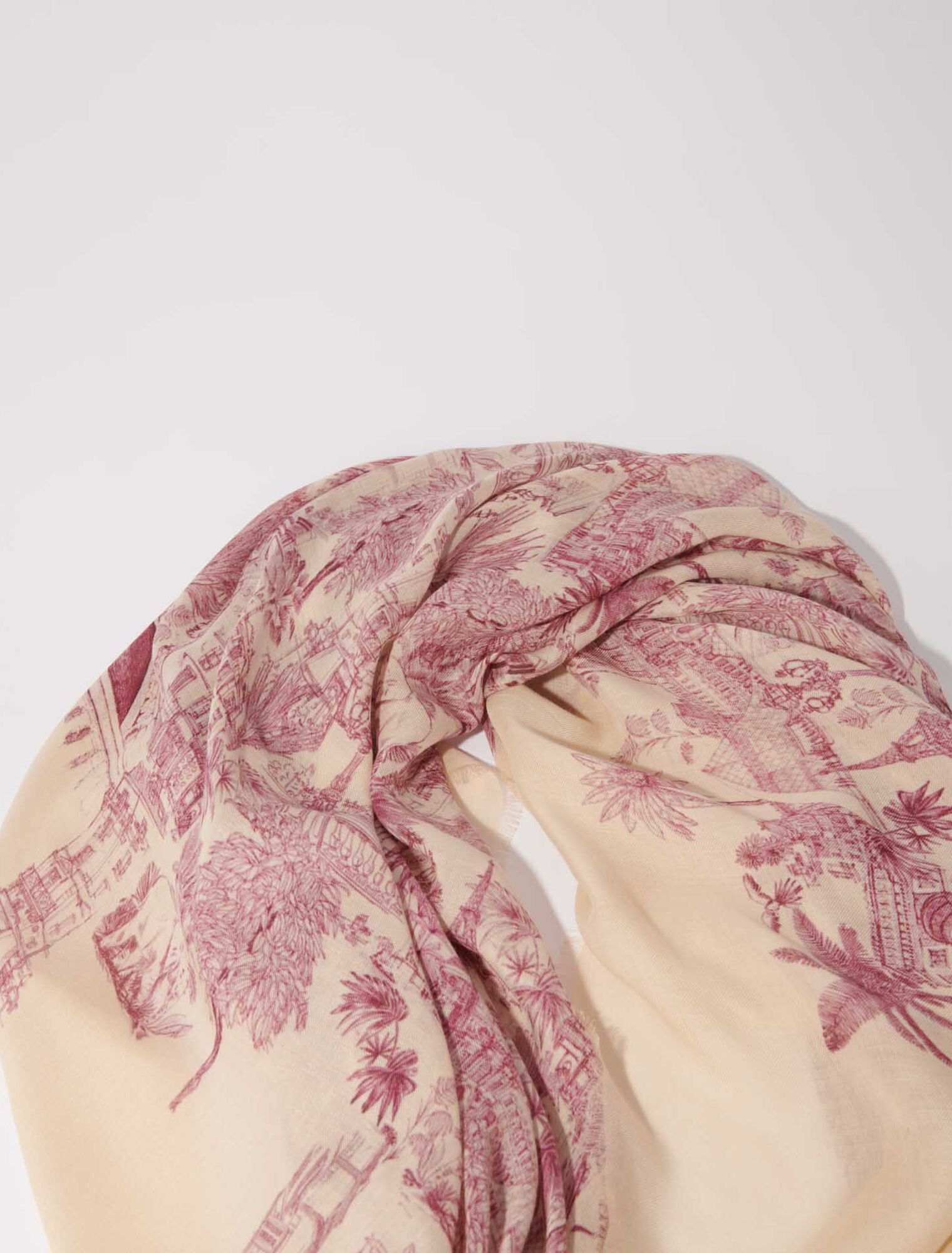 Pink toile de jouy-Patterned cashmere blend scarf