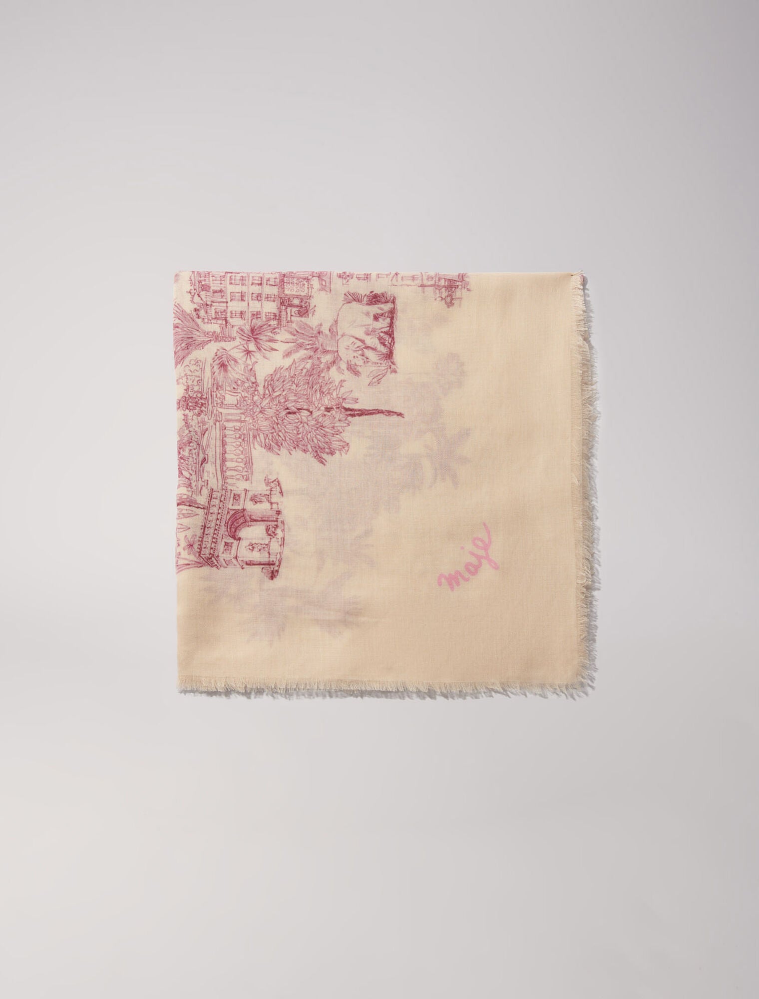 Pink toile de jouy-Patterned cashmere blend scarf