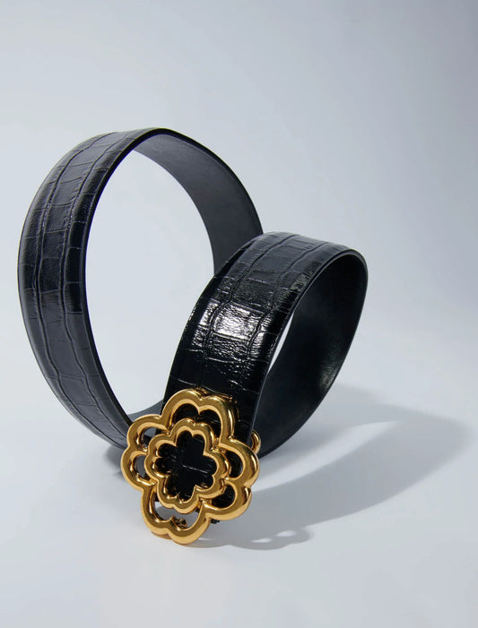 Croc-effect leather double M belt BLACK