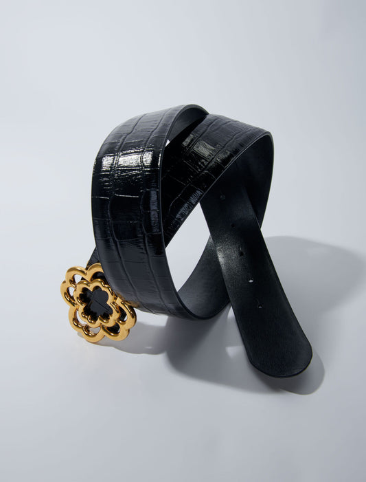 Croc-effect leather double M belt BLACK
