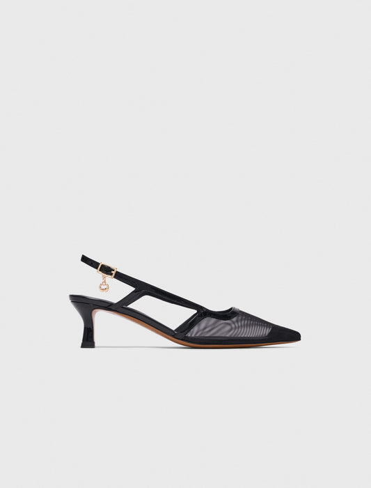 Leather and mesh slingbacks Black