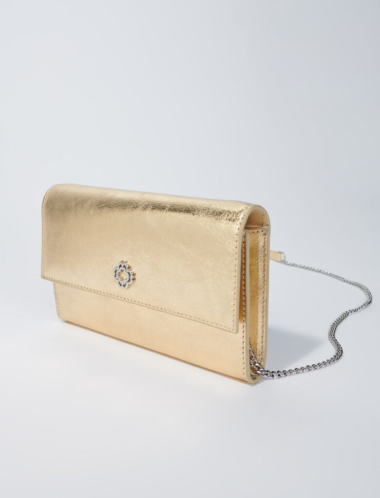 Gold  -Leather clutch bag with chain