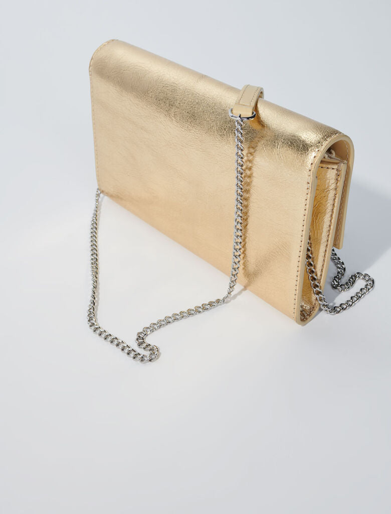 Gold  -Leather clutch bag with chain