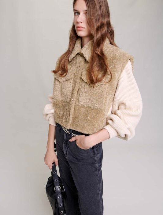 Khaki-faux fur and knit jacket