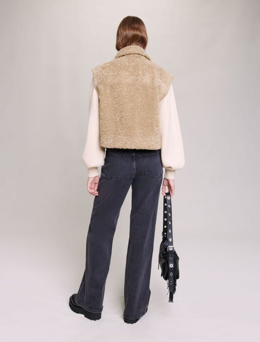 Khaki-faux fur and knit jacket