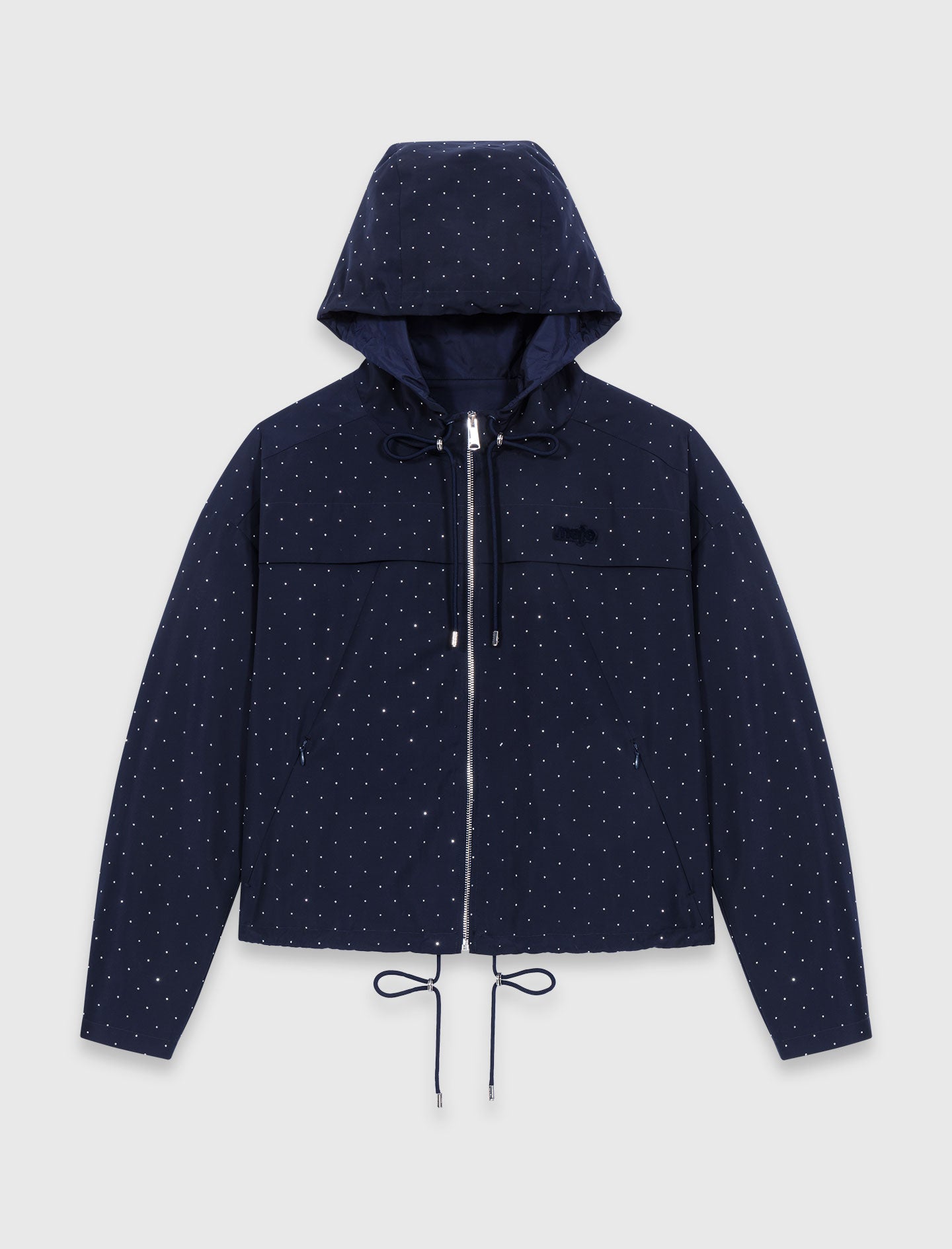 Hooded windbreaker with rhinestones