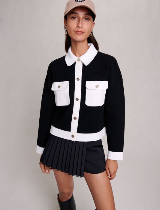 Black/Ecru-knit cardigan jacket