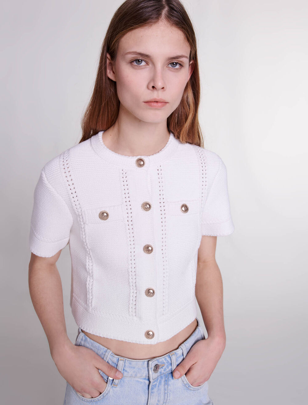White-featured-Short-sleeved knit cardigan