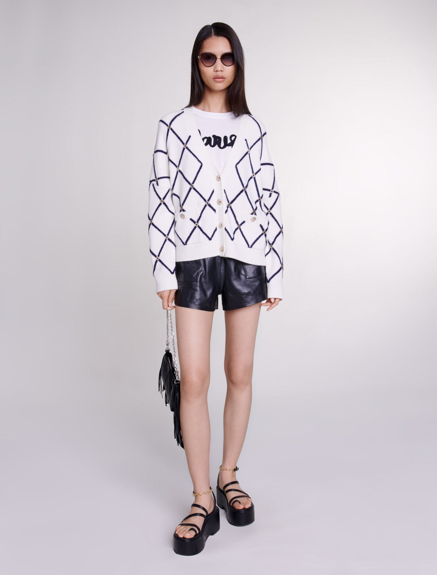 Ecru featured-Diamond pattern knitted cardigan