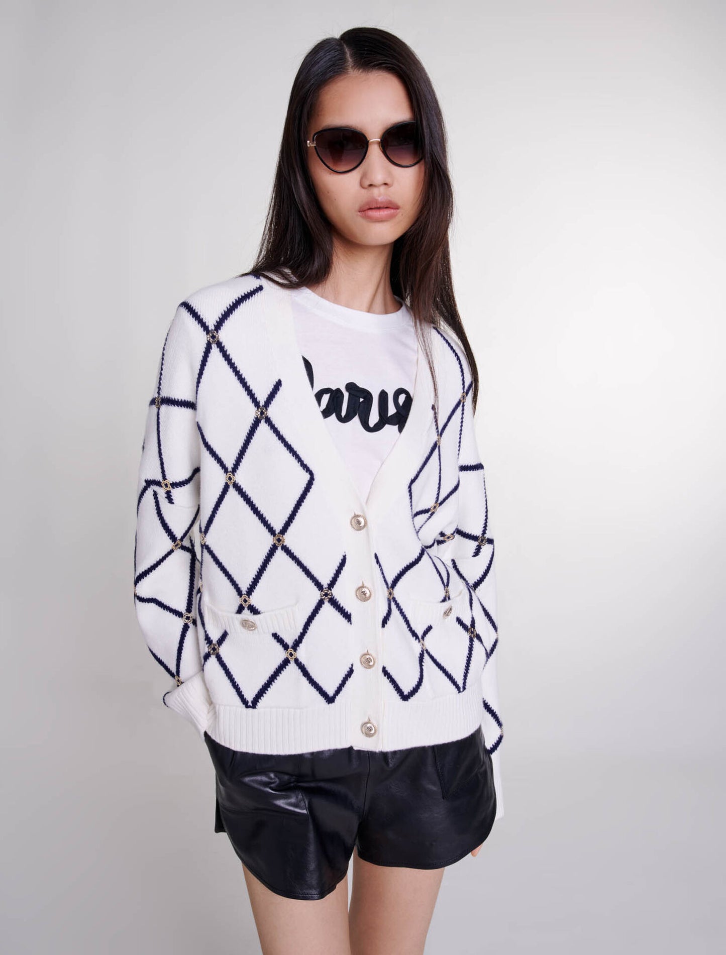 Ecru  -Diamond pattern knitted cardigan