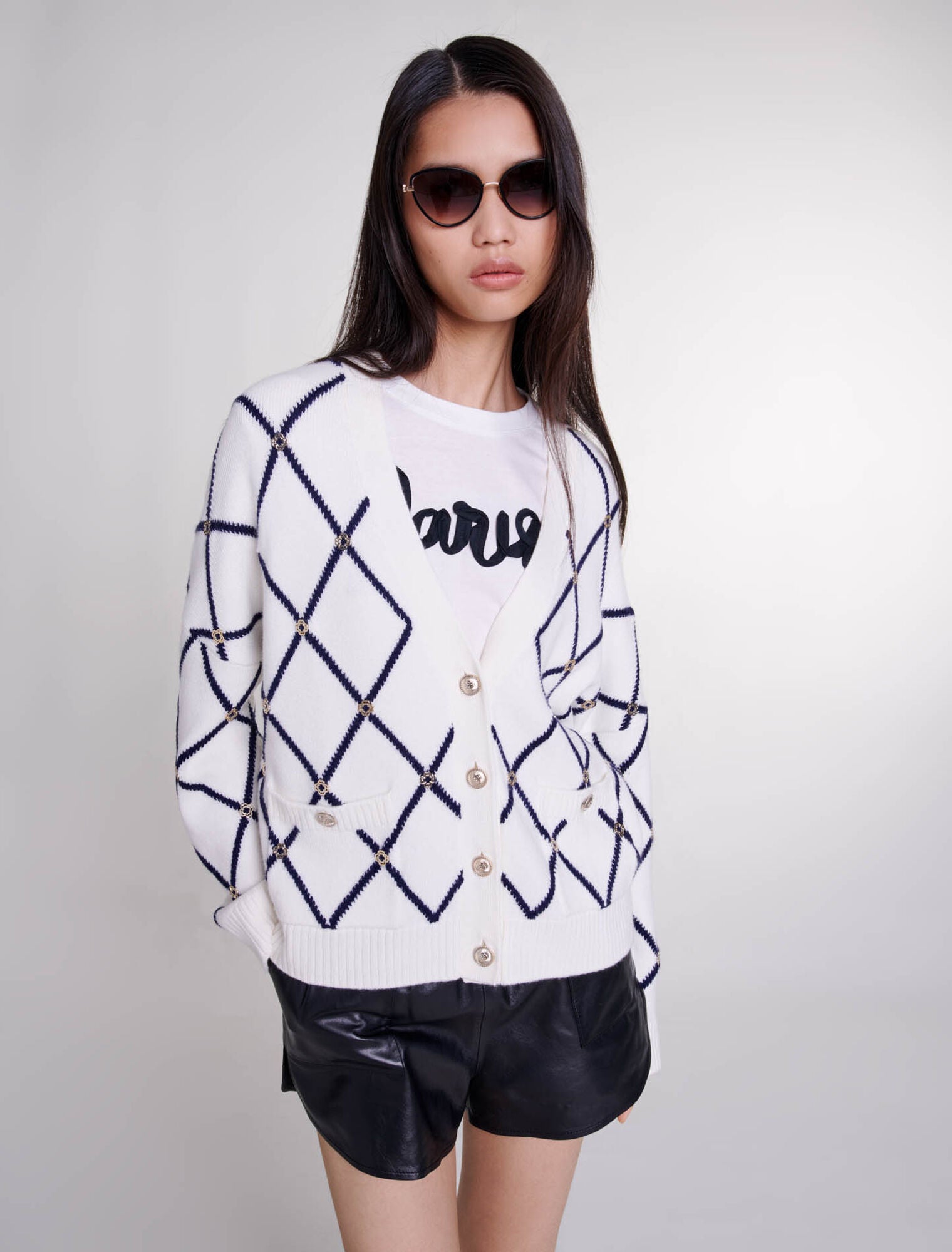 Ecru  -Diamond pattern knitted cardigan