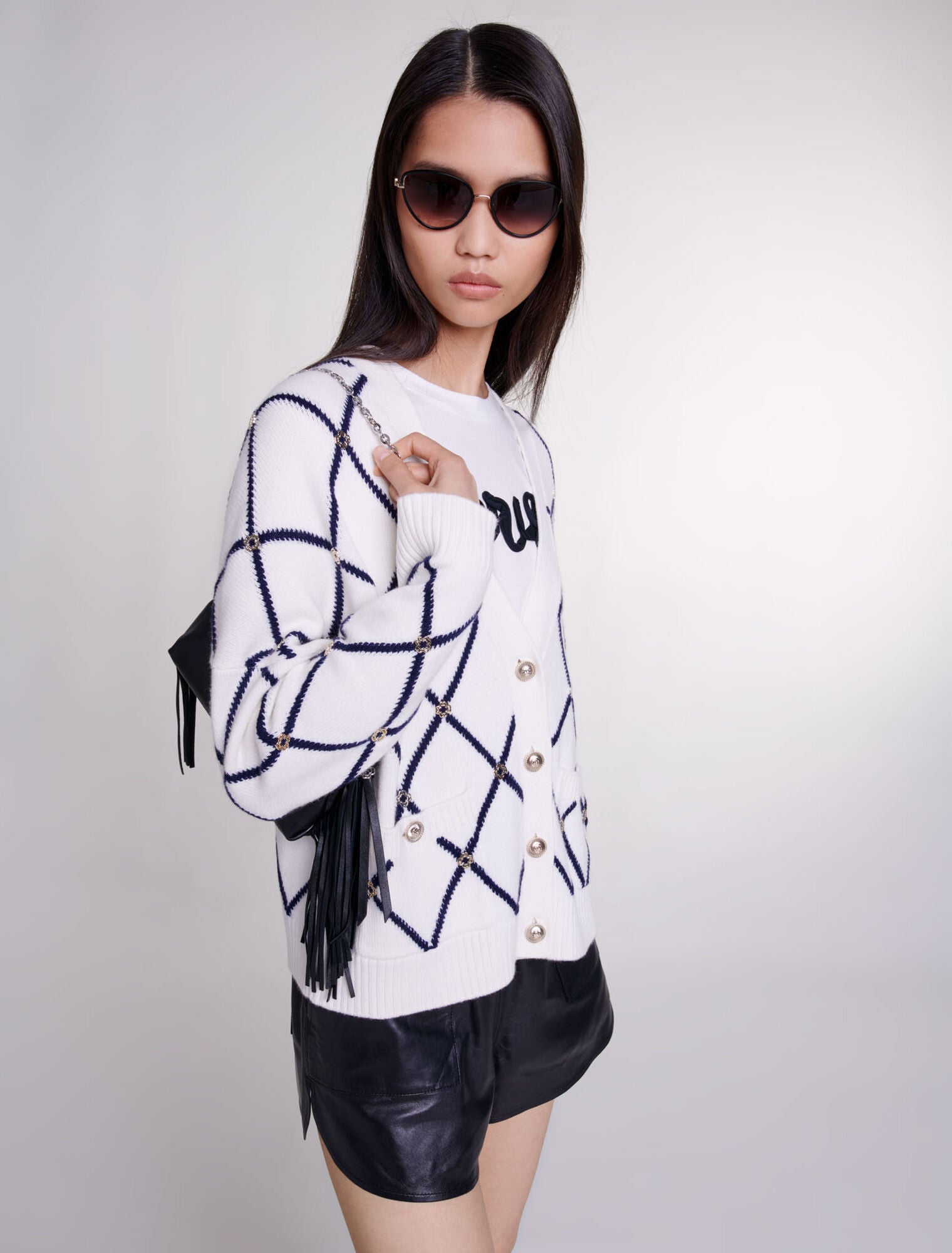 Ecru  -Diamond pattern knitted cardigan