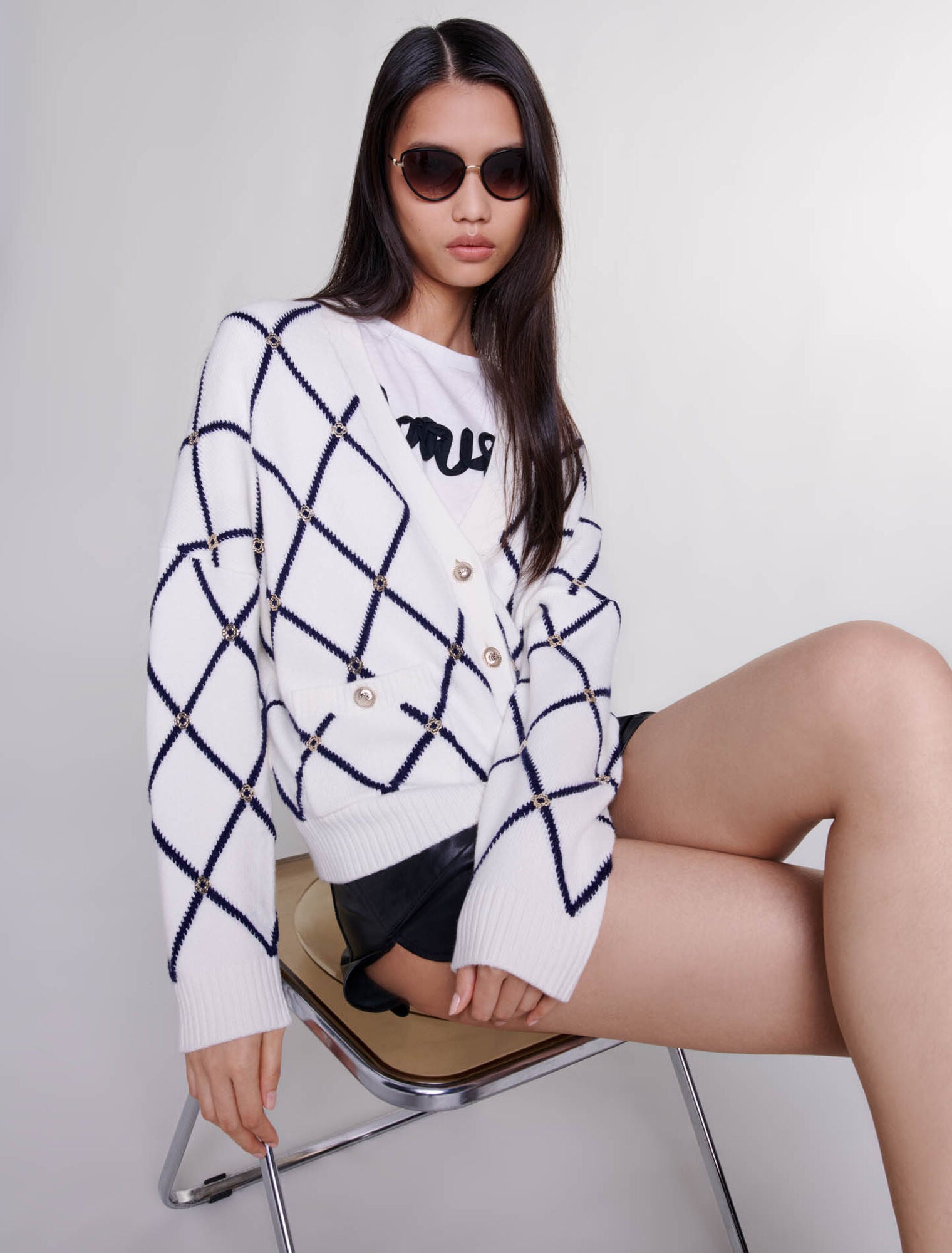 Ecru  -Diamond pattern knitted cardigan