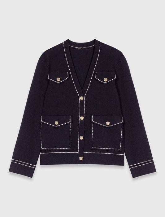 Long topstitched knit cardigan