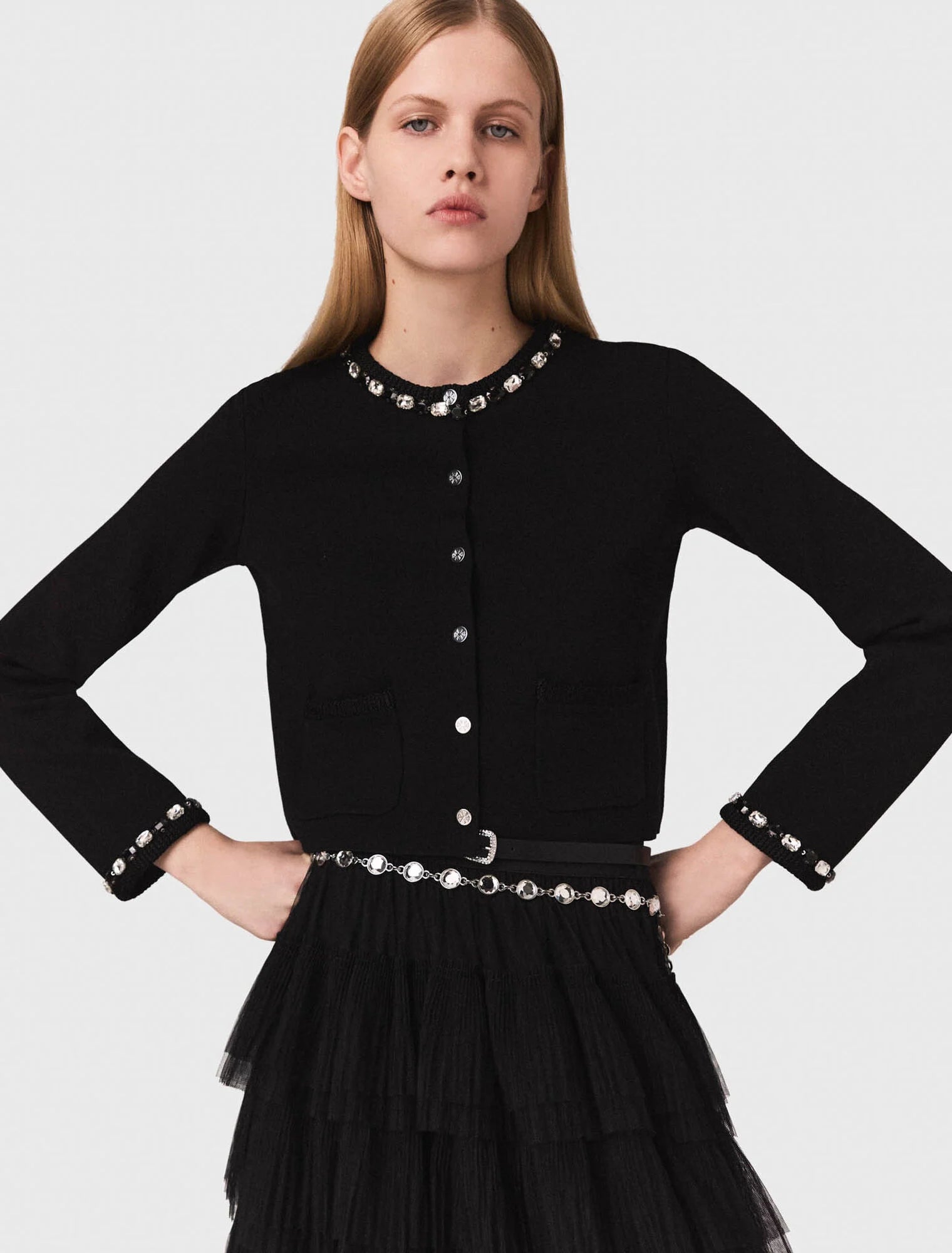 Cropped jewellery detail cardigan Black