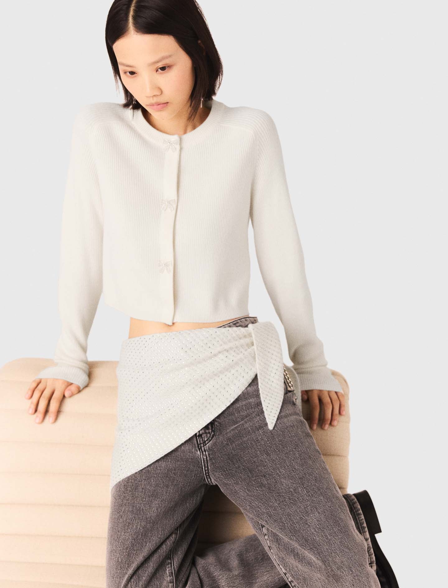 Bow Jewellery Button Cardigan Ecru