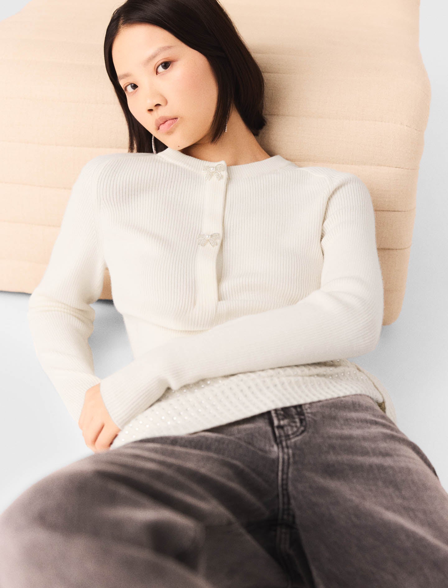 Bow Jewellery Button Cardigan Ecru