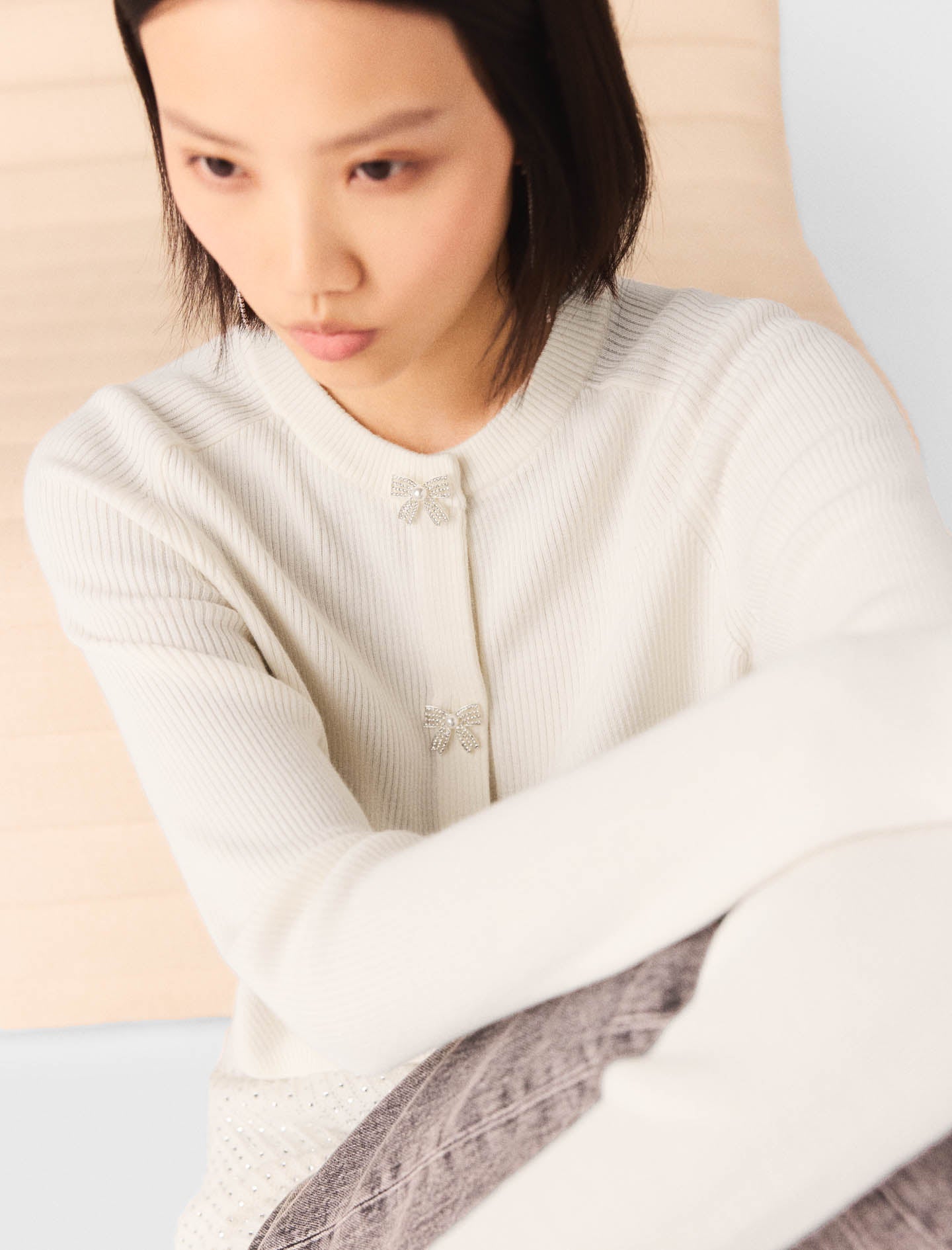 Bow Jewellery Button Cardigan Ecru