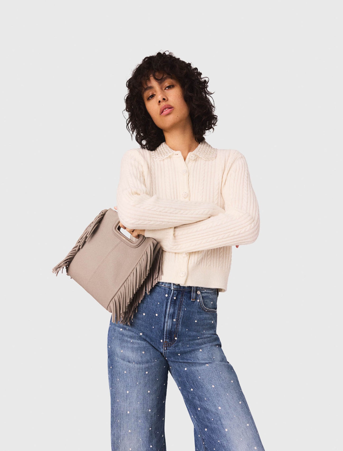 Knit cardigan with removable collar Ecru