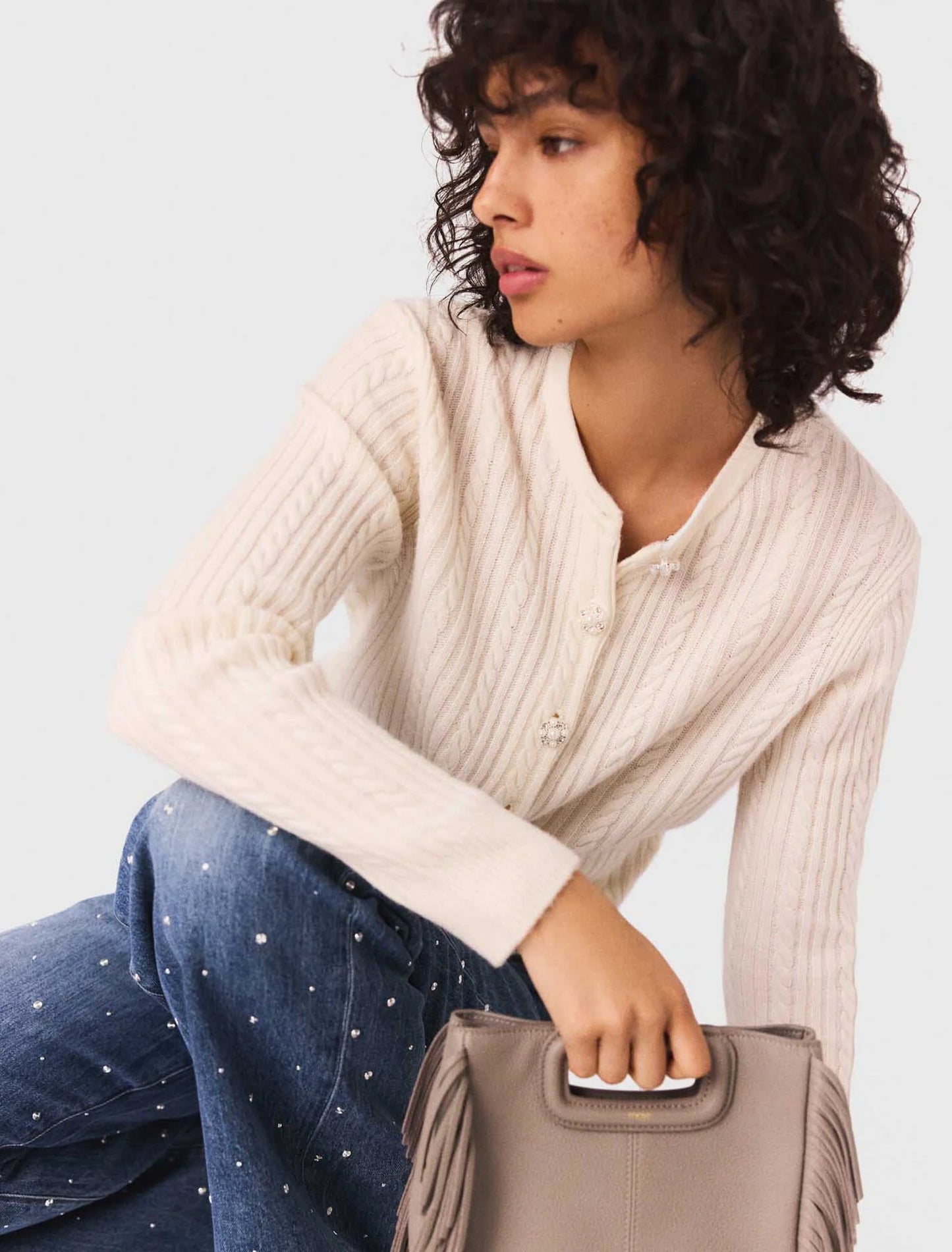 Knit cardigan with removable collar Ecru