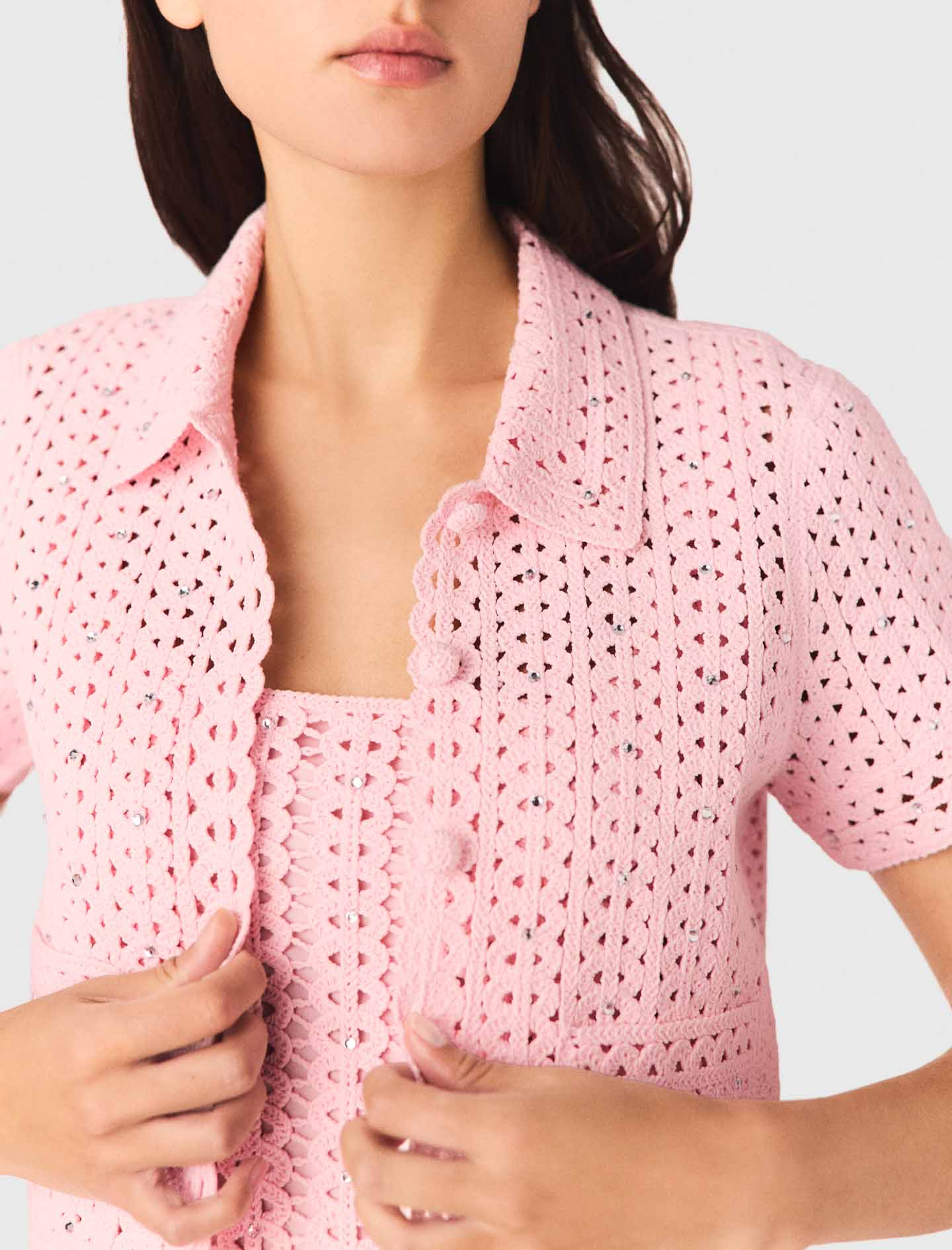Rhinestone Crochet Polo Cardigan Pink