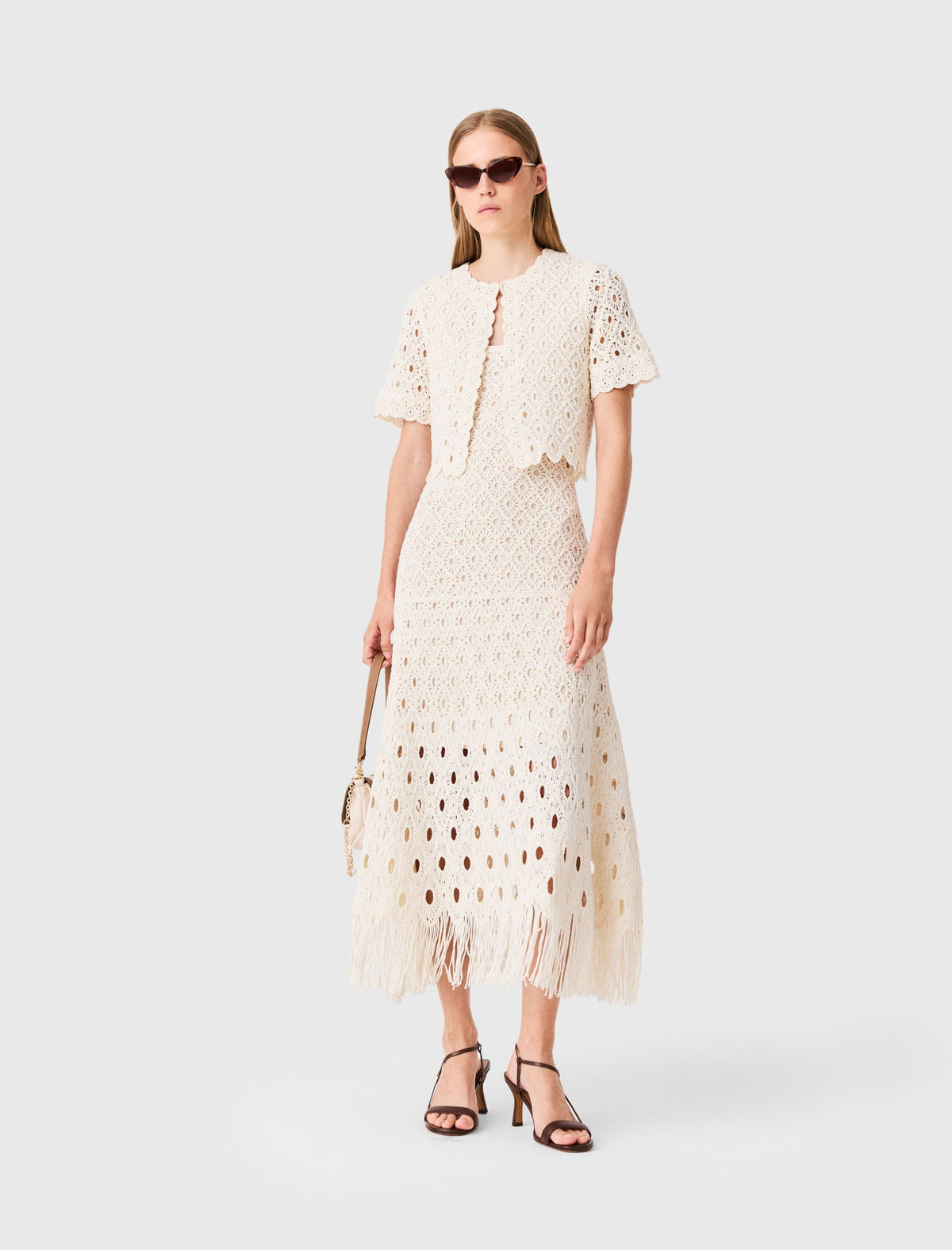 Fringed crochet cardigan Ecru