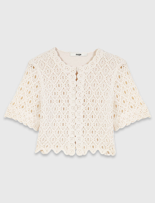 Fringed crochet cardigan Ecru