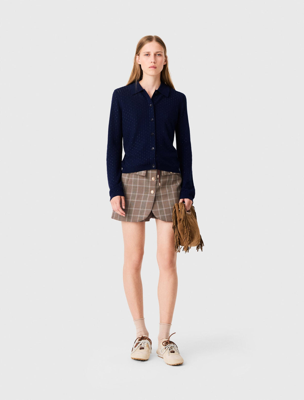 Rhinestone polo collar cardigan Navy