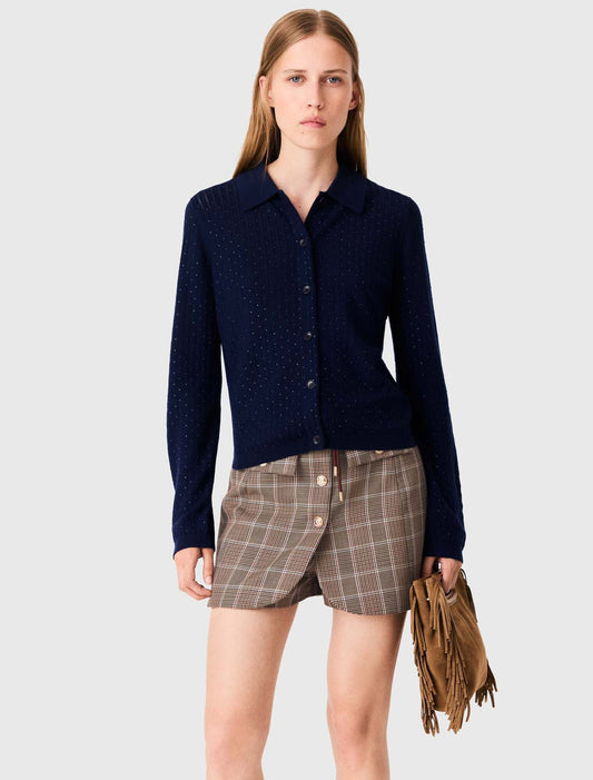 Rhinestone polo collar cardigan Navy