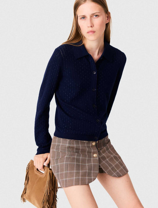 Rhinestone polo collar cardigan Navy