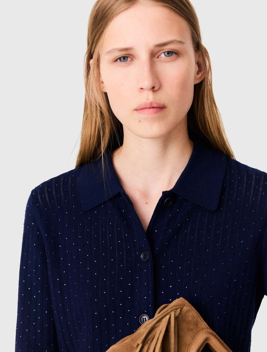 Rhinestone polo collar cardigan Navy