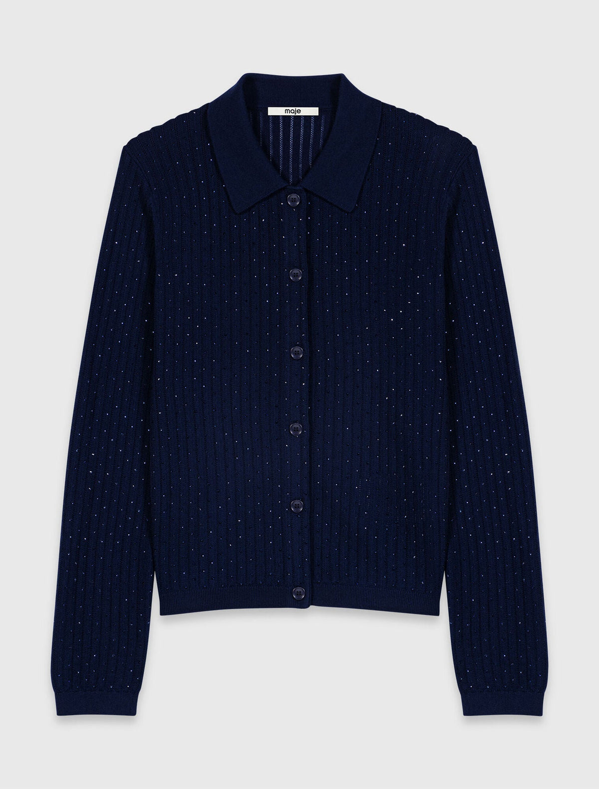 Rhinestone polo collar cardigan Navy