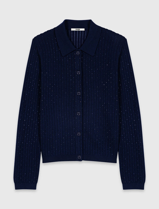 Rhinestone polo collar cardigan Navy