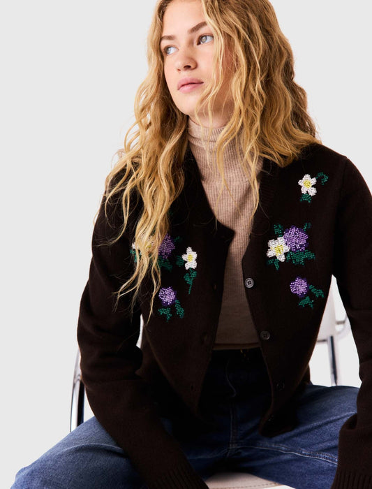 Cardigan with floral embroidery Brown