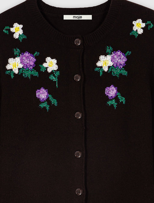 Cardigan with floral embroidery Brown