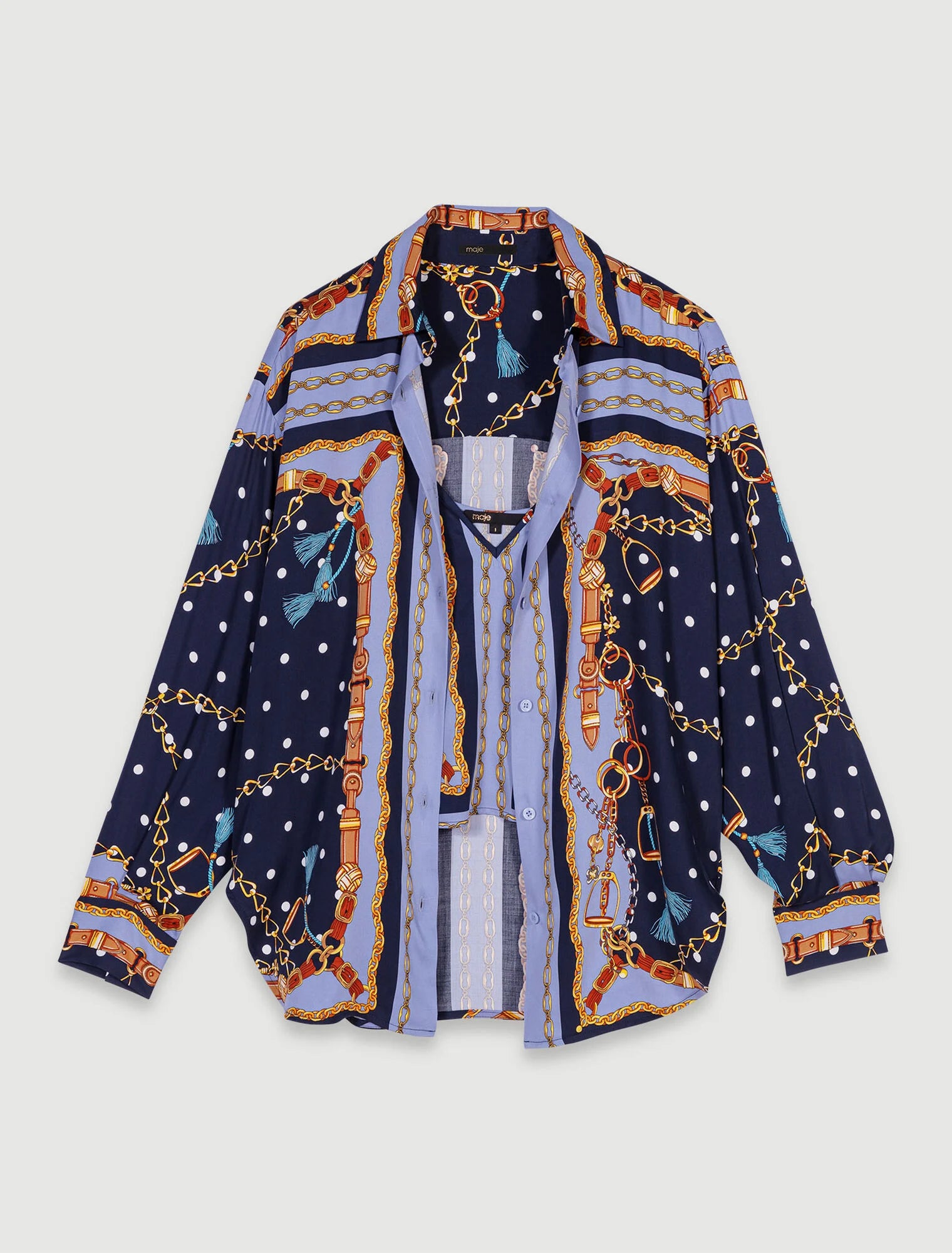 Chain Scarf Print Blue-Satin-effect patterned shirt