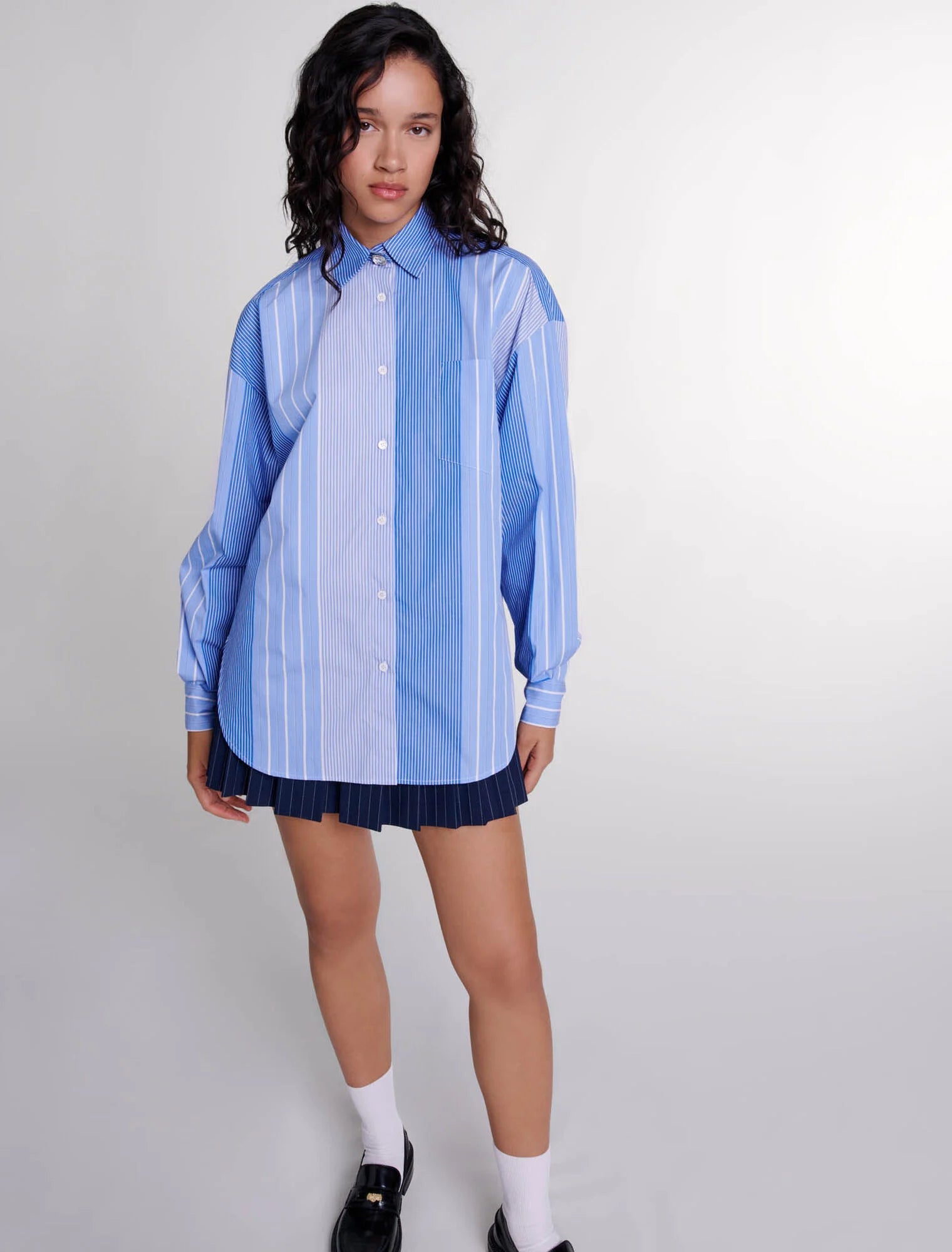 Blue White Stripes-Striped patchwork shirt