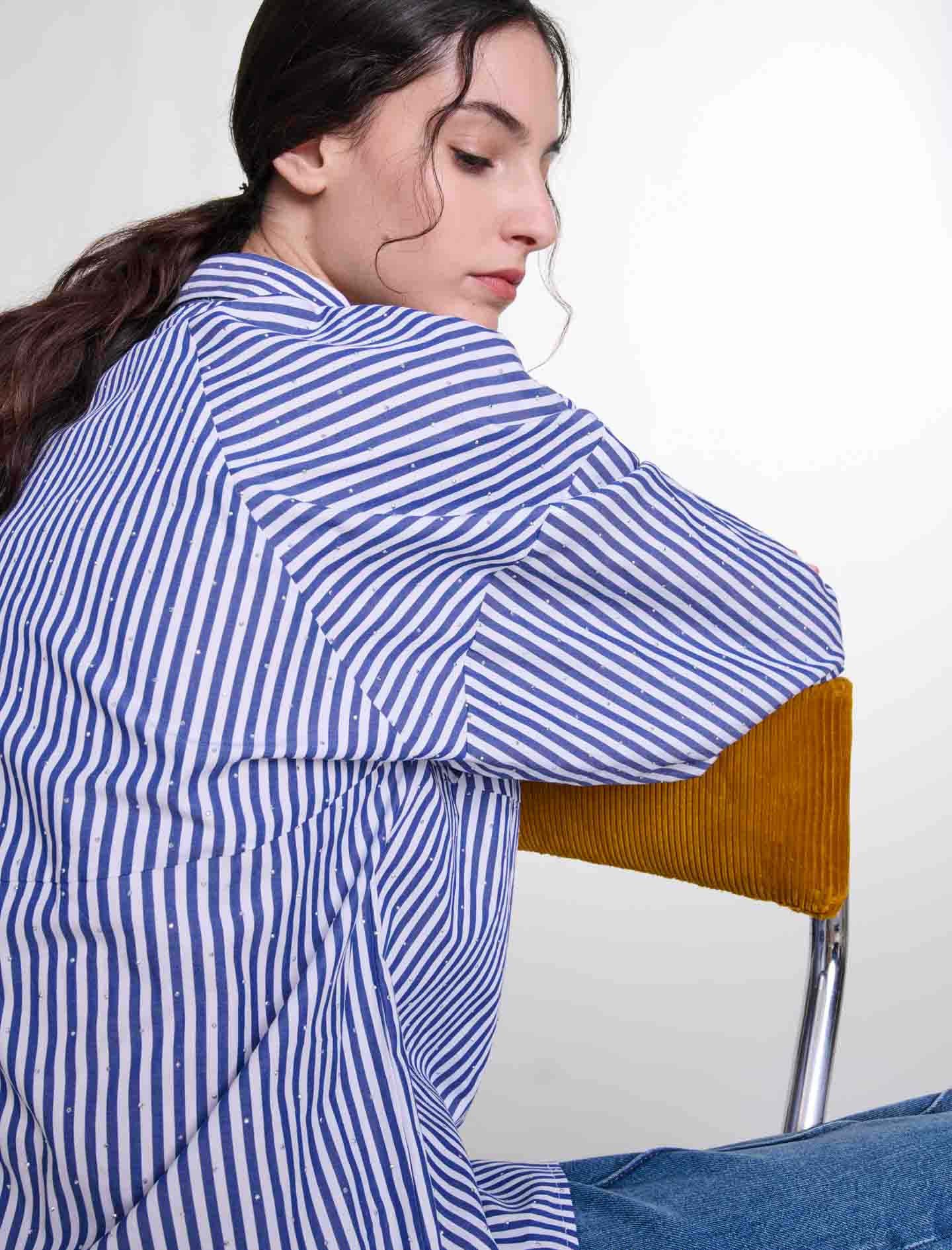 Blue White Stripes  -Rhinestone striped shirt
