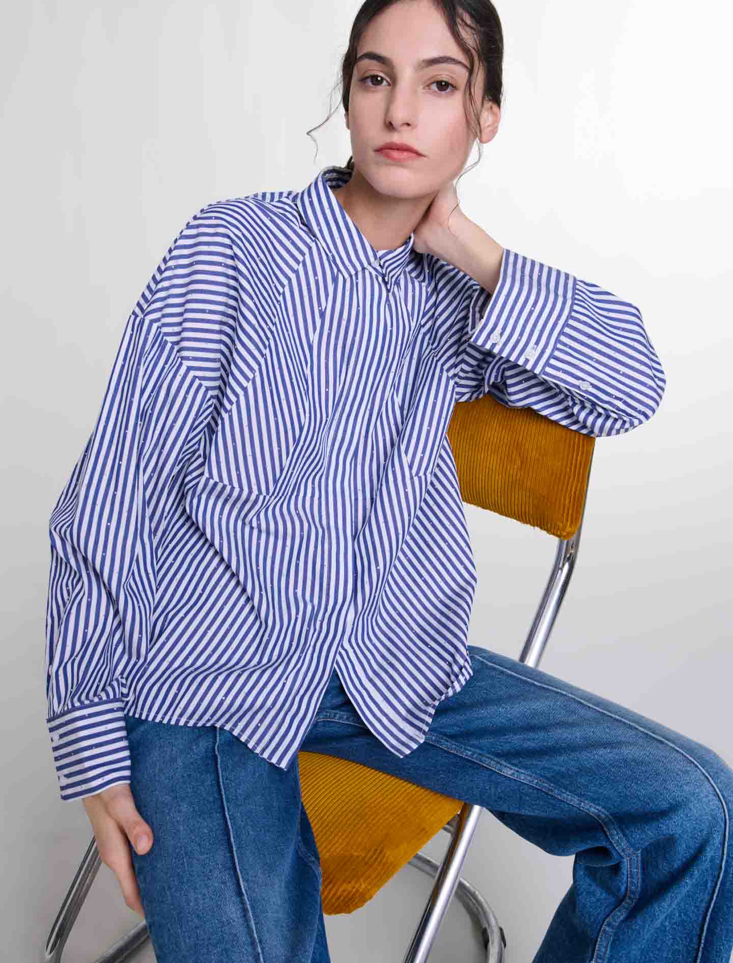 Blue White Stripes  -Rhinestone striped shirt