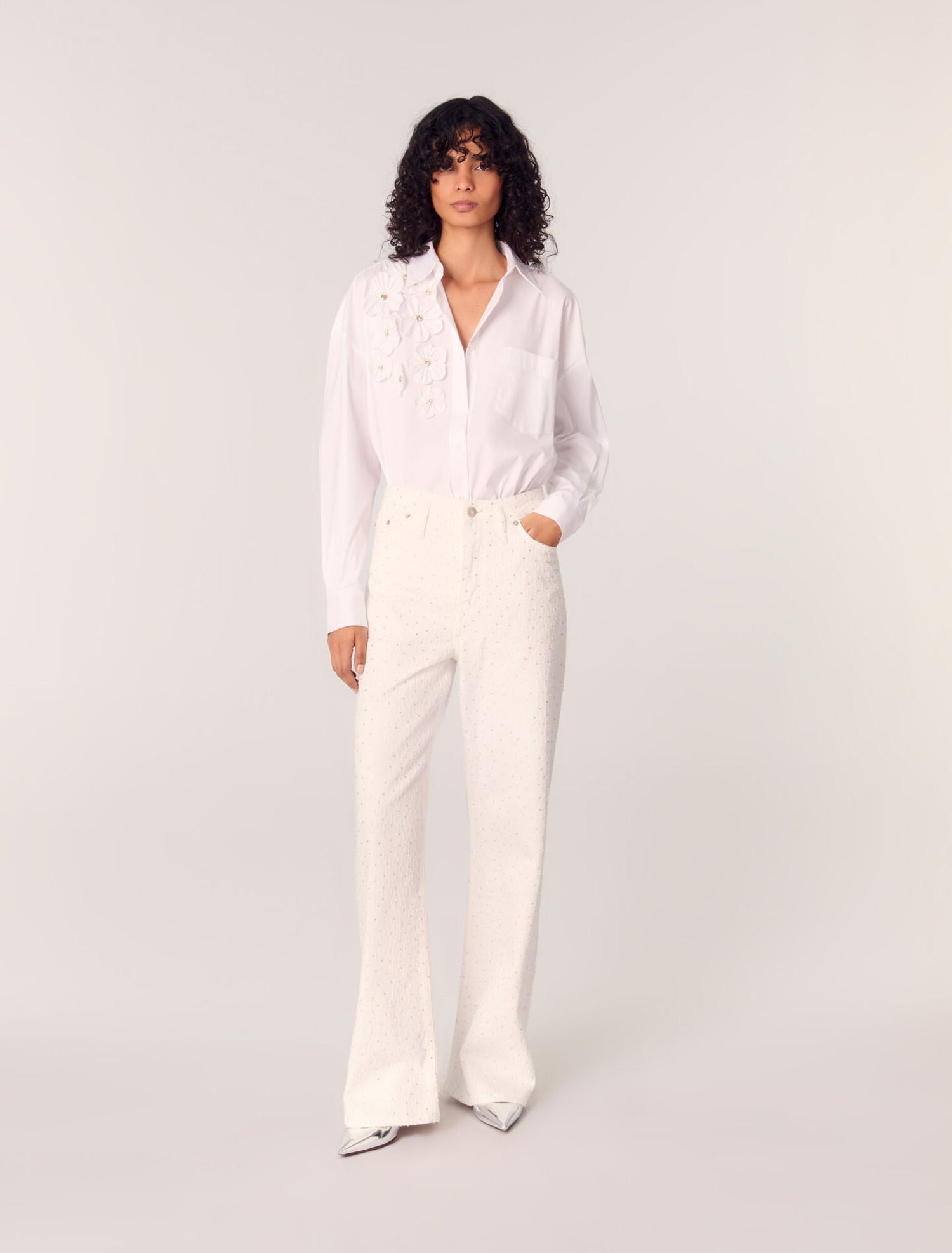 White-featured-Long Shirt With Embroidered Flowers
